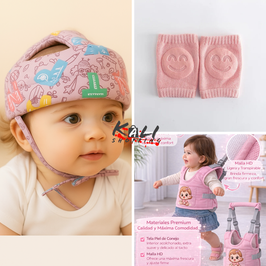arnes primeros pasos + protector + par rodilleras niña