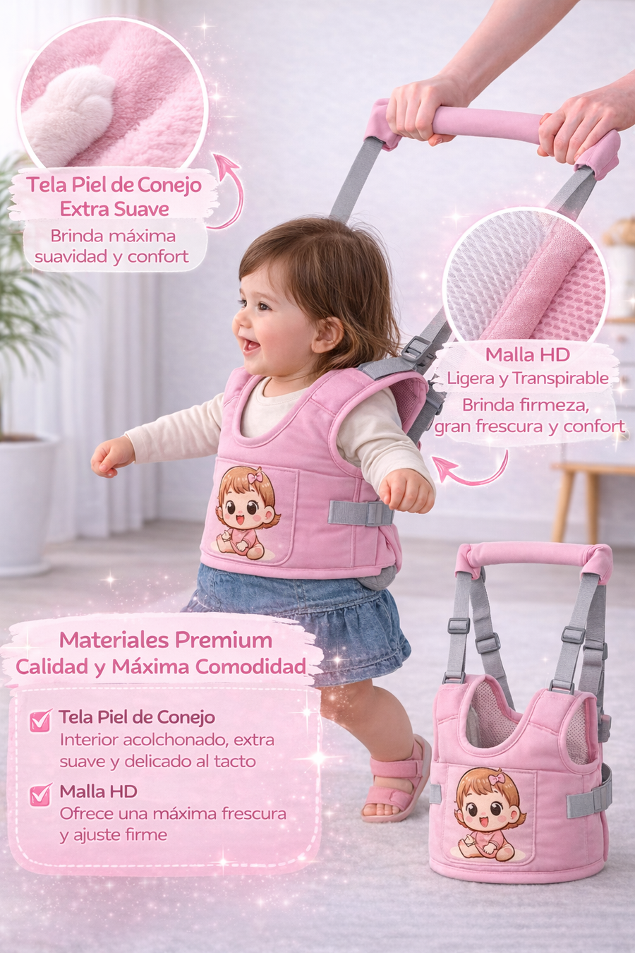 arnes primeros pasos + protector de cabeza niña