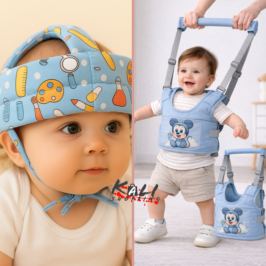 arnes primeros pasos + protector de cabeza niño