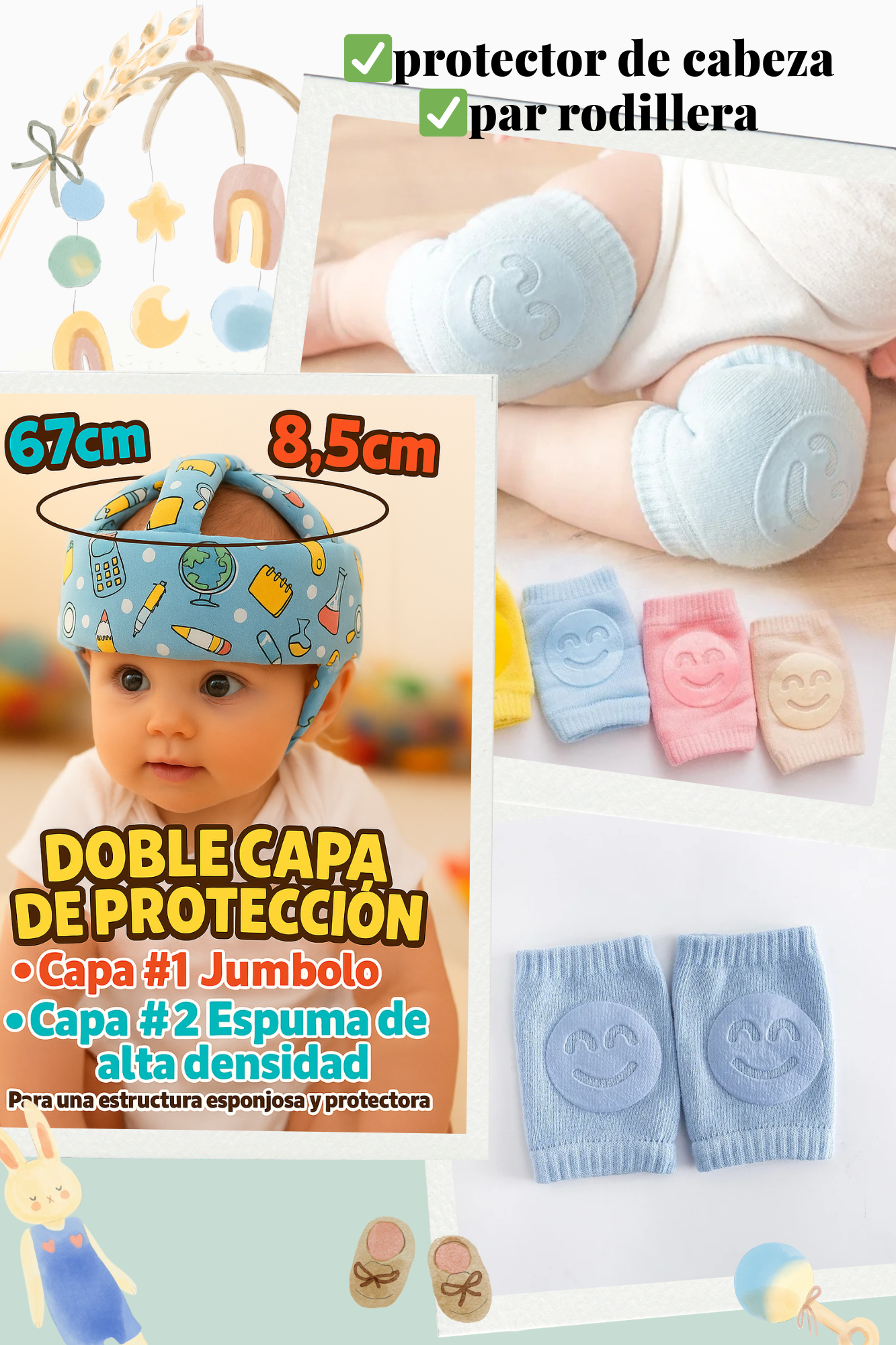 protector de cabeza de bebe + pares rodilleras antideslizantes