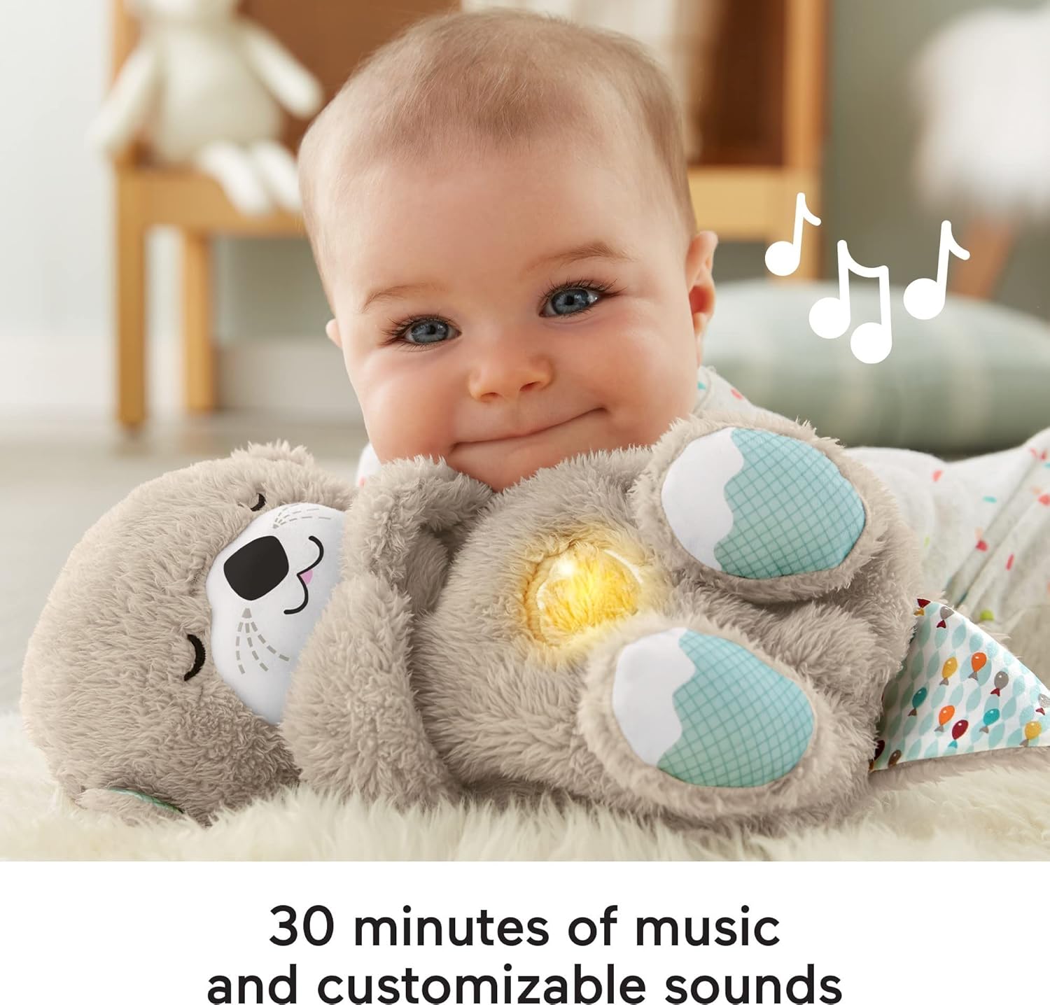 peluche para bebé con detalles sensoriales, luces musicales y movimiento de respiración rítmica