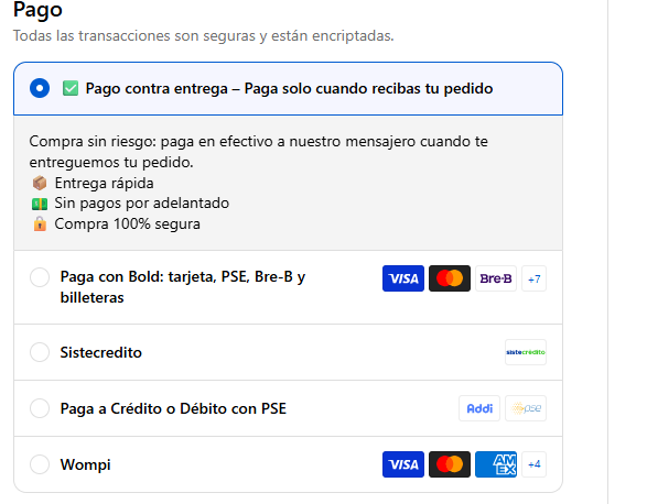 Formas de pago en el checkout